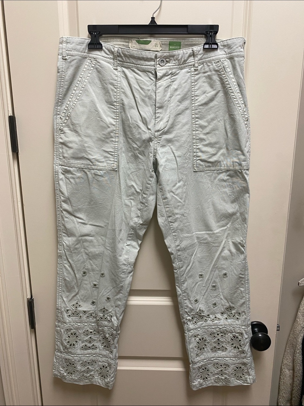 Anthropologie Light Sage Embroidered Cargo Pants
